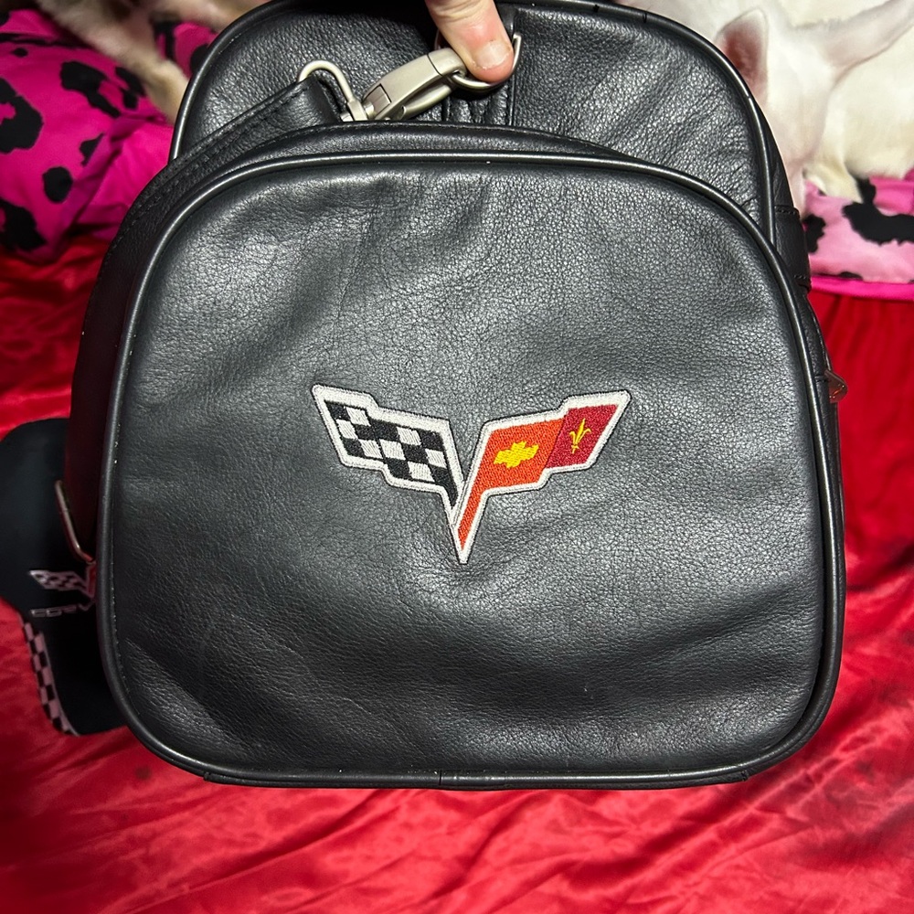 Black Leather Travel Bag with Corvette Logo